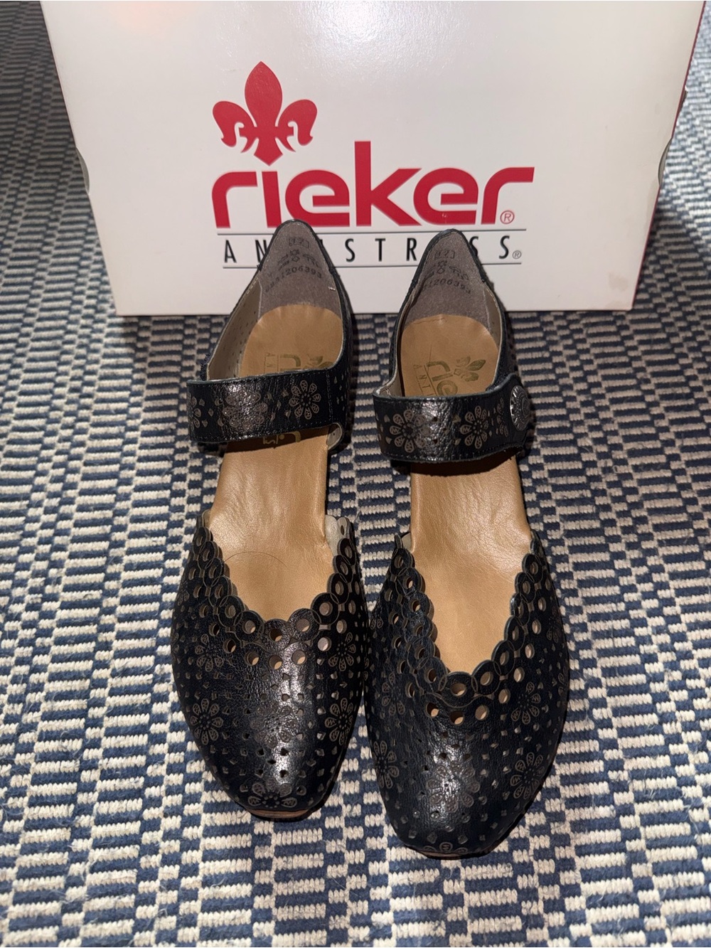 Rieker Black Laser-Cut Mary Jane heels with Ankle Strap